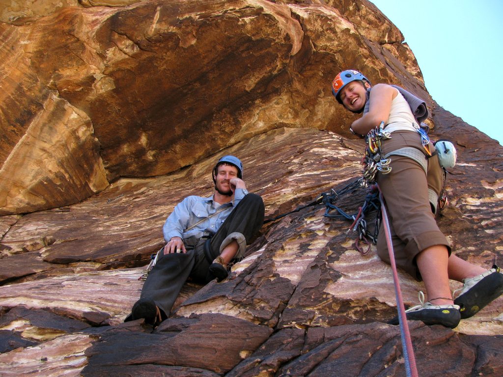 Jack and Zoe at the top of p4 of Dark Shadows. (Category:  Rock Climbing)