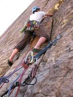 Jack leading a pitch of Sour Mash. (Category:  Rock Climbing)