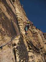 Zoe leading a pitch on Solar Slab. (Category:  Rock Climbing)