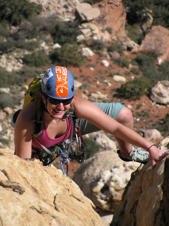 Zoe following a pitch on Solar Slab. (Category:  Rock Climbing)