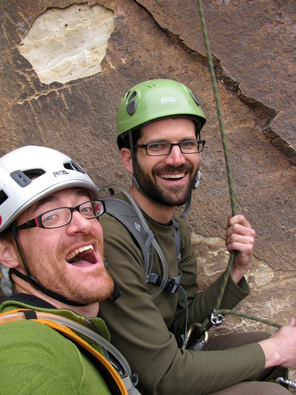 Me and Josh sharing a belay ledge. (Category:  Rock Climbing)