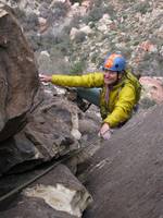 Zoe approaching the belay ledge. (Category:  Rock Climbing)