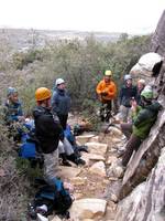 Talking about cleaning gear at Ragged Edge. (Category:  Rock Climbing)