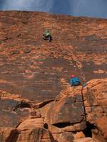 Michelle getting her first lead on Neon Sunset. (Category:  Rock Climbing)