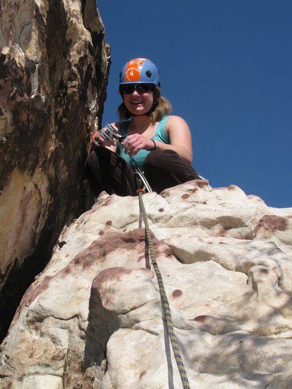 Zoe at the top of Revoked. (Category:  Rock Climbing)
