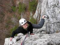 Emily at the top of the big corner on Westward Ha. (Category:  Rock Climbing)