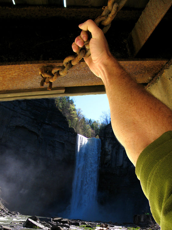 Below the bridge at Taughannock Falls, I hung out over the water to take a picture. (Category:  Photography)