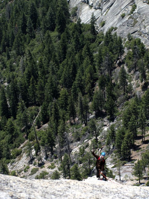 Dave nearing the top of Snake Dike. (Category:  Rock Climbing, Tree Climbing)