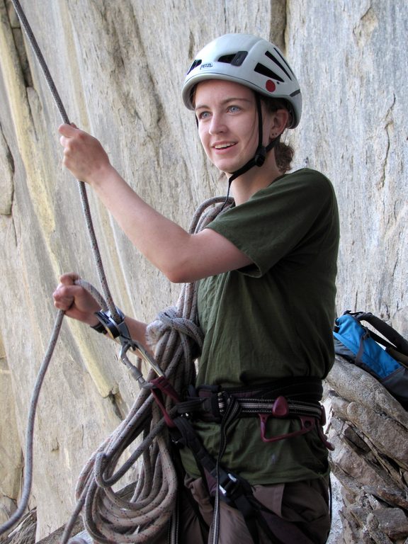 Rebecca getting ready to swing. (Category:  Rock Climbing, Tree Climbing)