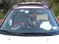 My car with bug netting version 2.0 covering the sunroof. (Category:  Rock Climbing, Tree Climbing)