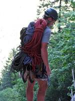 Dan carrying all three ropes on the descent. (Category:  Rock Climbing, Tree Climbing)