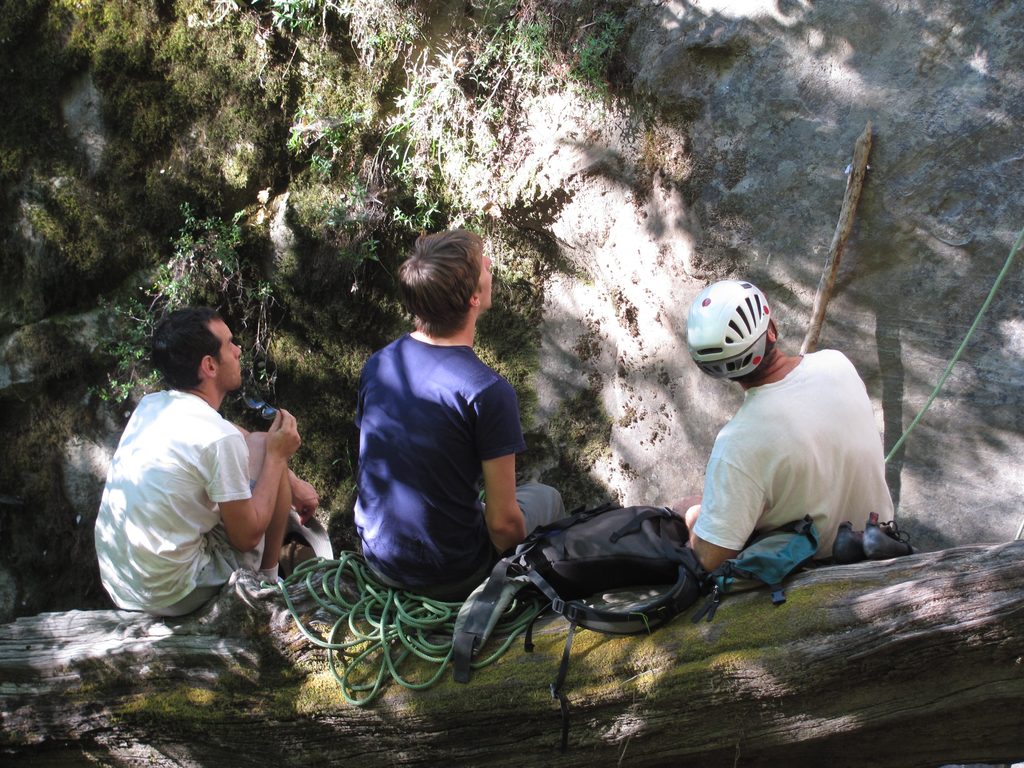 Alex, Lars and me at the base of Falls Route. (Category:  Rock Climbing, Tree Climbing)