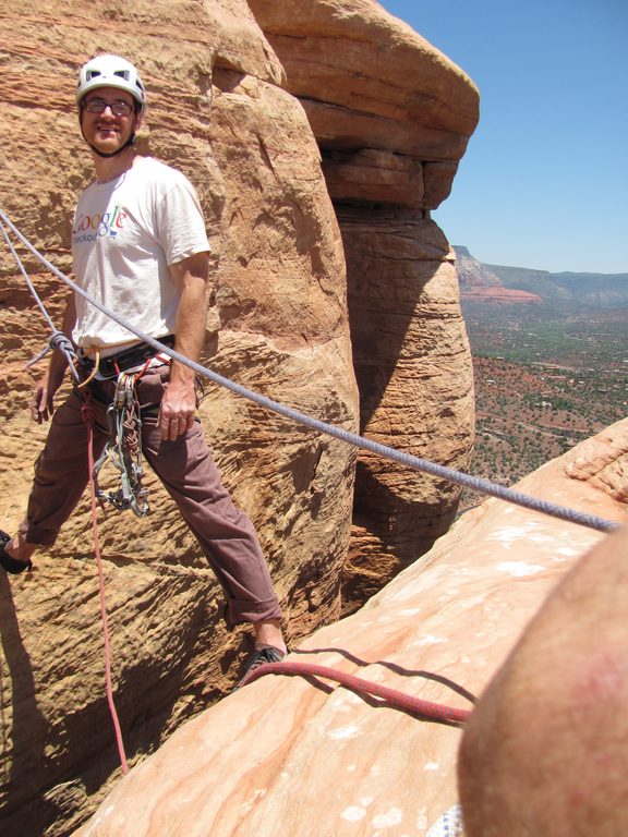 I'm doing the step-across move on pitch 5 of The Mace. (Category:  Rock Climbing, Tree Climbing)