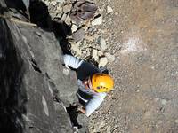 Jess climbing at Exit 38. (Category:  Rock Climbing, Tree Climbing)