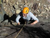 Jess climbing at Exit 38. (Category:  Rock Climbing, Tree Climbing)