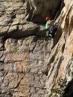 Joe just before the crux of Bonnie's Roof. (Category:  Rock Climbing)