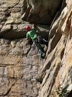 Joe at the crux of Bonnie's Roof. (Category:  Rock Climbing)