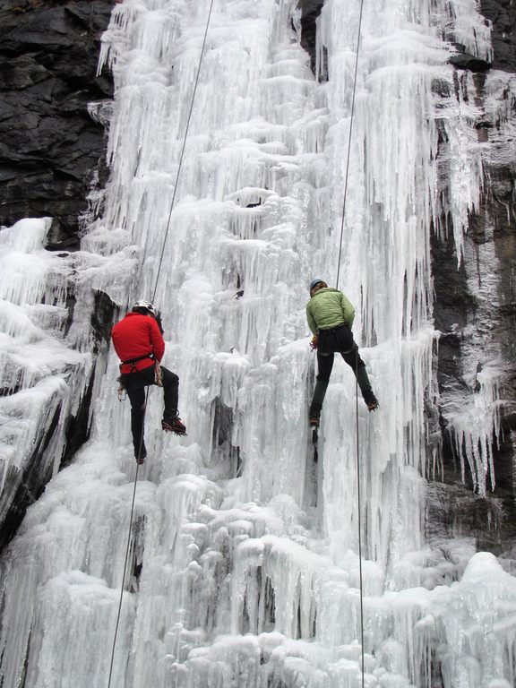 Simulrapping after setting the toprope. (Category:  Ice Climbing)