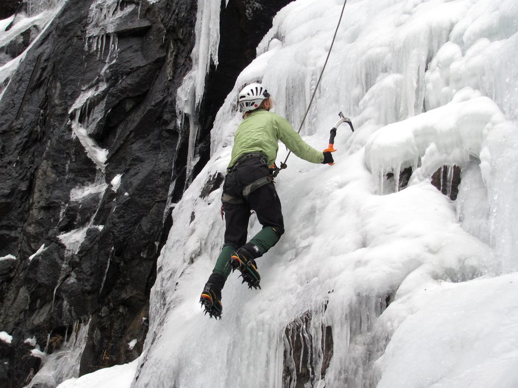 Emily climbing Chiller Pillar. (Category:  Ice Climbing)