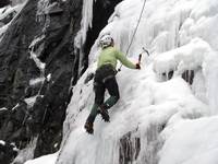 Emily climbing Chiller Pillar. (Category:  Ice Climbing)