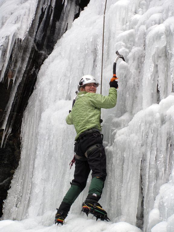 Emily climbing Chiller Pillar. (Category:  Ice Climbing)