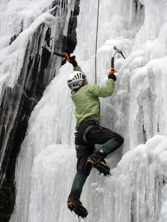 Emily climbing Chiller Pillar. (Category:  Ice Climbing)