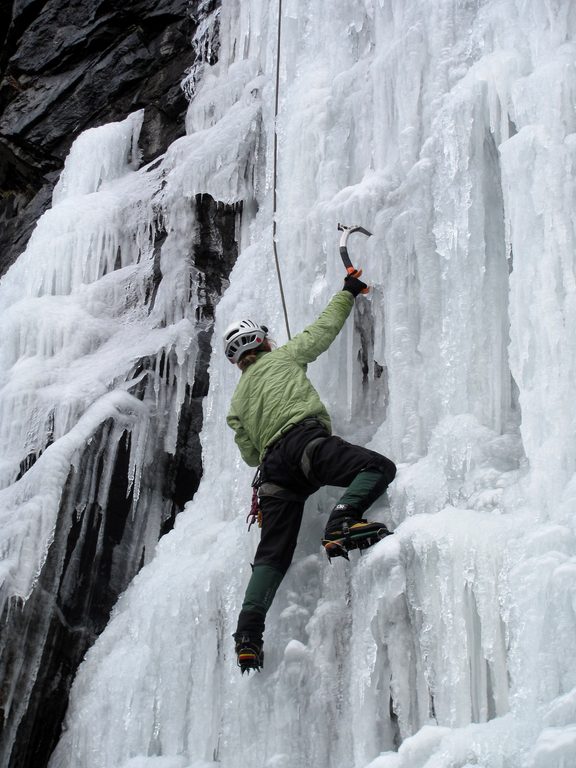 Emily climbing Chiller Pillar. (Category:  Ice Climbing)