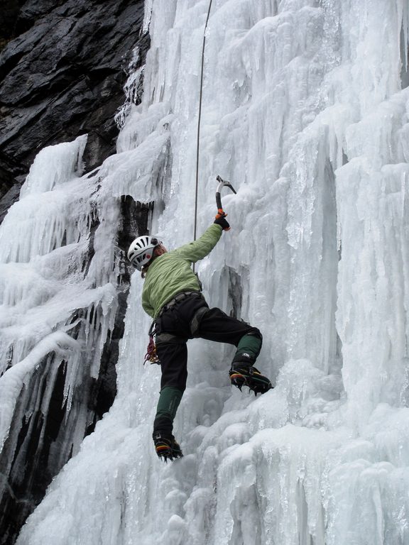 Emily climbing Chiller Pillar. (Category:  Ice Climbing)