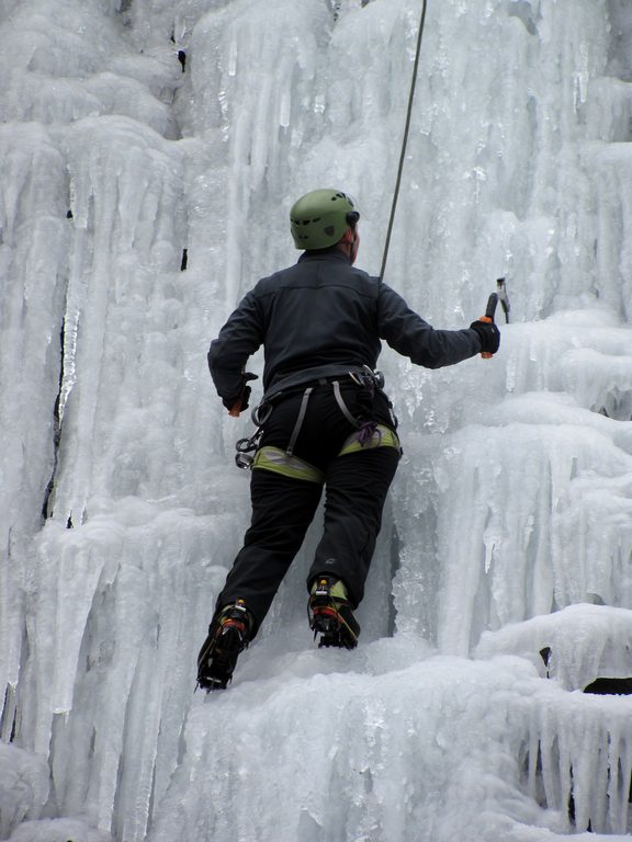 Tammy climbing Chiller Pillar. (Category:  Ice Climbing)