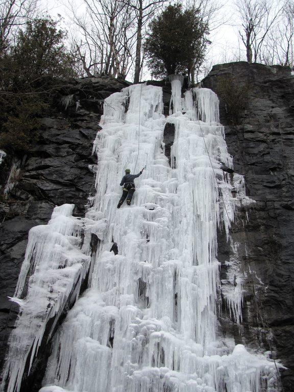 Tammy climbing Chiller Pillar. (Category:  Ice Climbing)