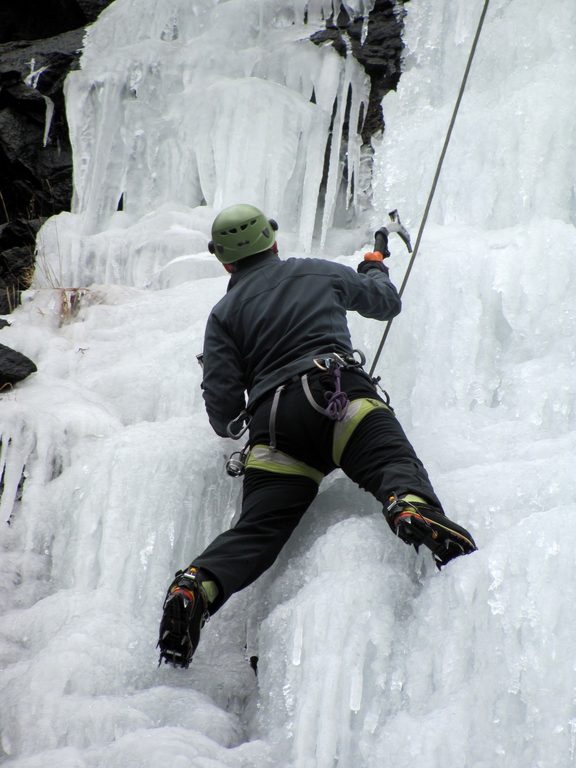 Tammy climbing Chiller Pillar. (Category:  Ice Climbing)