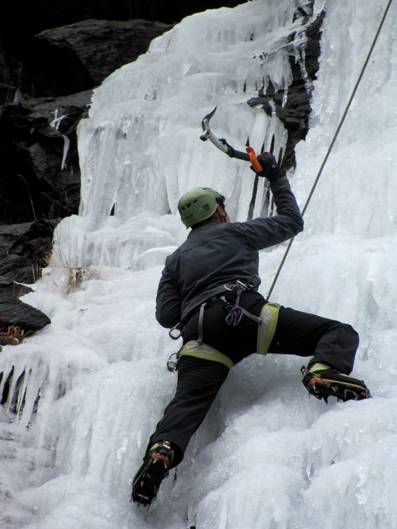 Tammy climbing Chiller Pillar. (Category:  Ice Climbing)