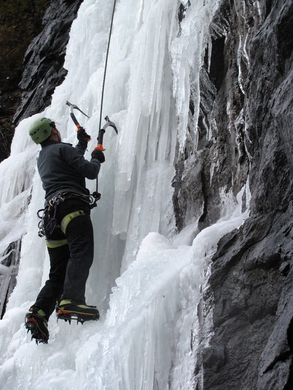 Tammy climbing Chiller Pillar. (Category:  Ice Climbing)