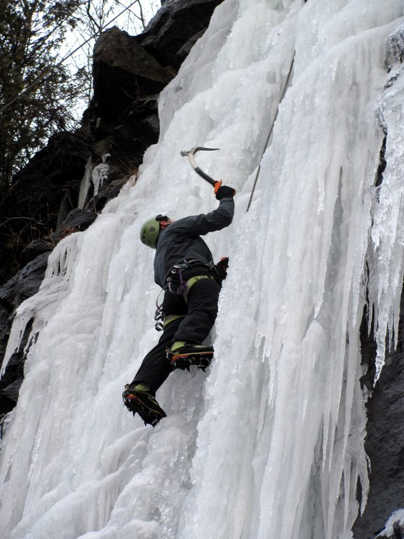 Tammy climbing Chiller Pillar. (Category:  Ice Climbing)