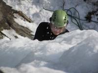 Emily climbing Pitchoff Right. (Category:  Ice Climbing)