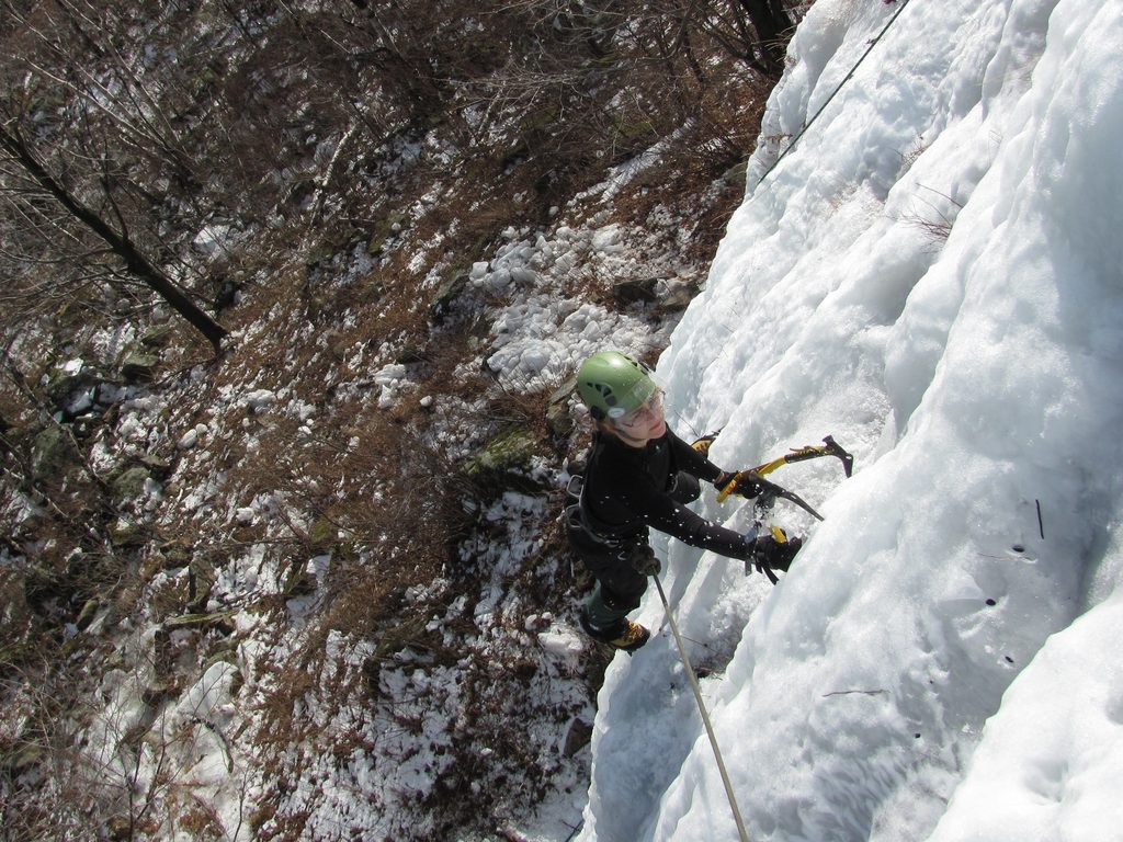 Emily climbing Pitchoff Right. (Category:  Ice Climbing)