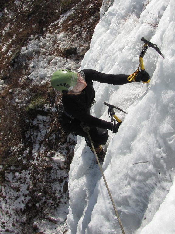 Emily climbing Pitchoff Right. (Category:  Ice Climbing)