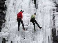 Simulrapping after setting the toprope. (Category:  Ice Climbing)