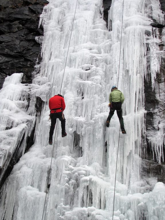 Simulrapping after setting the toprope. (Category:  Ice Climbing)