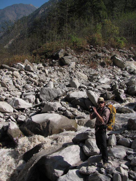 Josh at the avalanche stream crossing. (Category:  Travel)