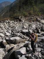Josh at the avalanche stream crossing. (Category:  Travel)