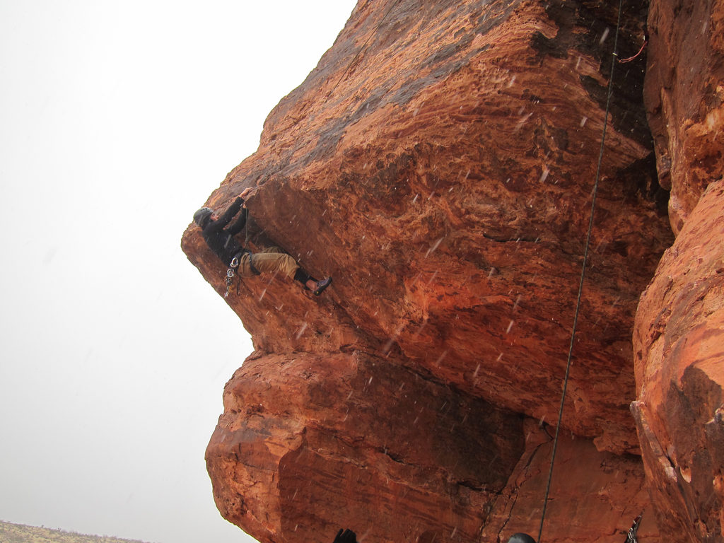 Dan climbing Scalawag in a blizzard. (Category:  Rock Climbing)