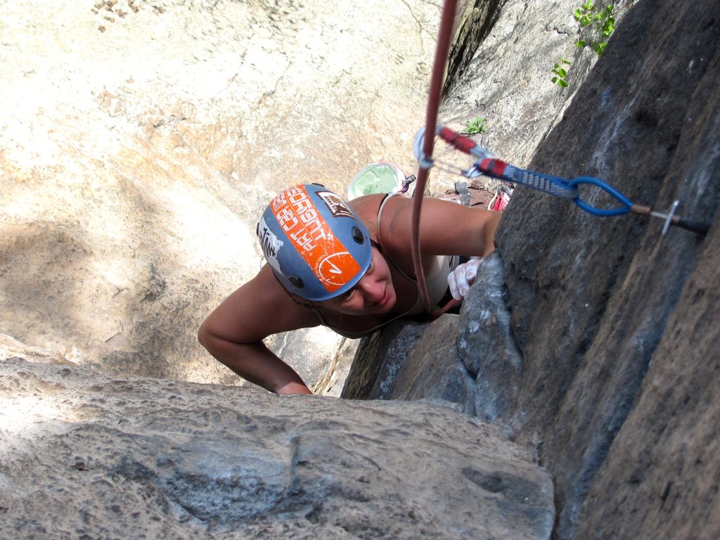 Zoe on Pink Laurel. (Category:  Rock Climbing)