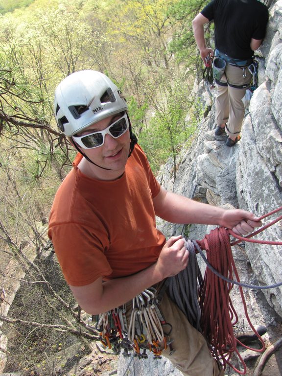 Guy belaying on Pink Laurel. (Category:  Rock Climbing)