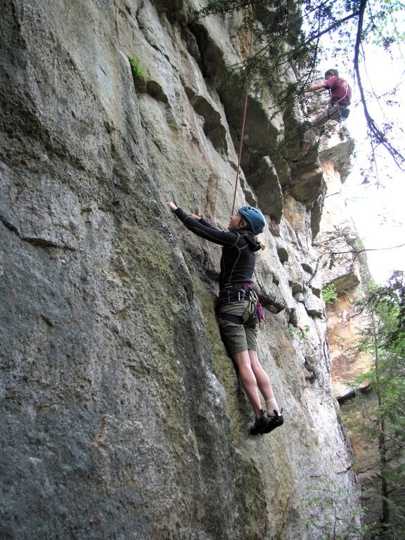 Beth approaching the first roof. (Category:  Rock Climbing)