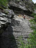 Mike approaching the roof. (Category:  Rock Climbing)