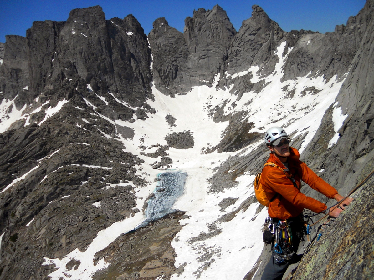 Me at the top of the last pitch on the South Buttress of Pingora. (Category:  Rock Climbing)