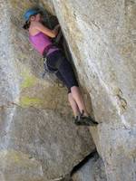 Beth at the start of Potluck. (Category:  Rock Climbing)