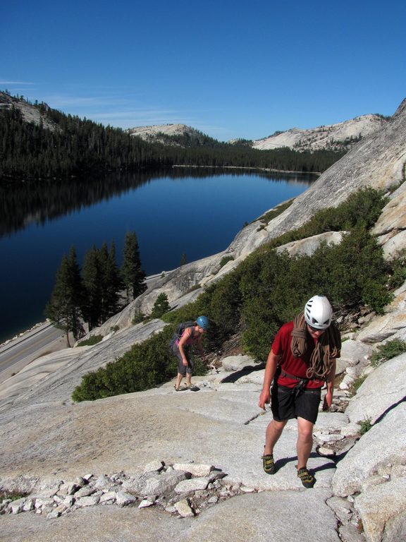 Beth and Mike walking to the base of Stately Pleasure Dome. (Category:  Rock Climbing)