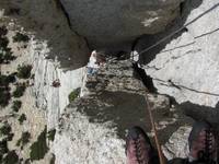 Looking down the chimney pitch on Cathedral Peak. (Category:  Rock Climbing)
